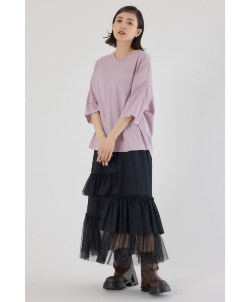 RODEO CROWNS WIDE BOWL(ロデオクラウンズワイドボウル)の「カラーステッチVネック5分袖Tシャツ(Tシャツ/カットソー・レディース・オフホワイト/ダークグリーン/ブラック/スモークピンク・FREE)」の9枚目の写真