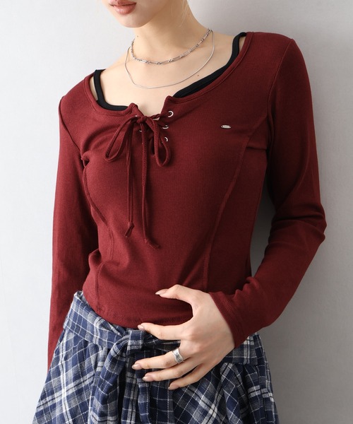 SpRay(スプレイ)の「レースアップロンT(Tシャツ/カットソー・レディース・ブラック/ブラウン/グレー/アイボリー/ボルドー・FREE)」の5枚目の写真