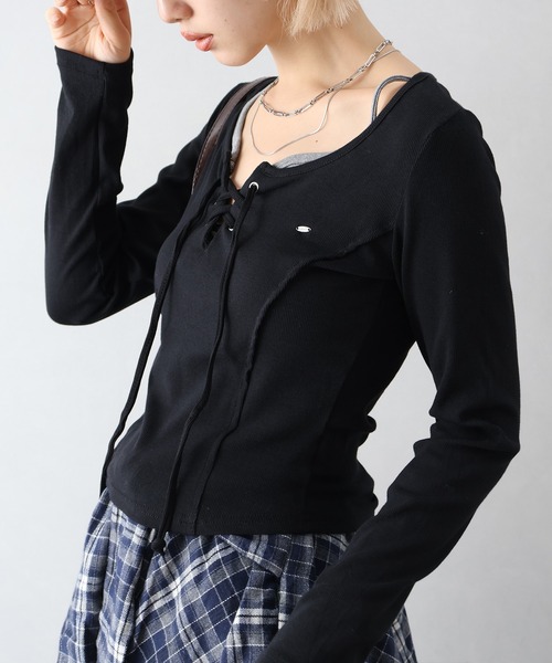 SpRay(スプレイ)の「レースアップロンT(Tシャツ/カットソー・レディース・ブラック/ブラウン/グレー/アイボリー/ボルドー・FREE)」の1枚目の写真