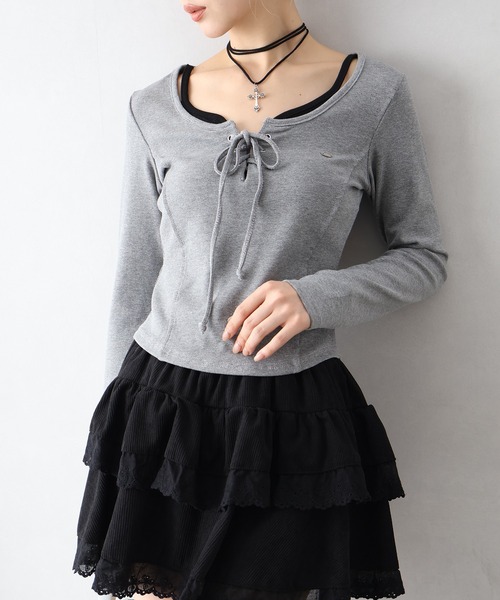 SpRay(スプレイ)の「レースアップロンT(Tシャツ/カットソー・レディース・ブラック/ブラウン/グレー/アイボリー/ボルドー・FREE)」の13枚目の写真