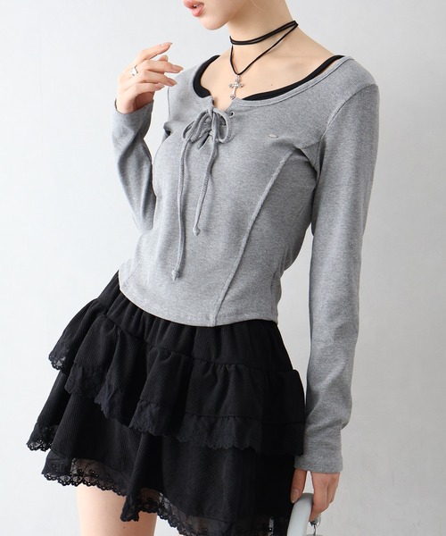 SpRay(スプレイ)の「レースアップロンT(Tシャツ/カットソー・レディース・ブラック/ブラウン/グレー/アイボリー/ボルドー・FREE)」の17枚目の写真