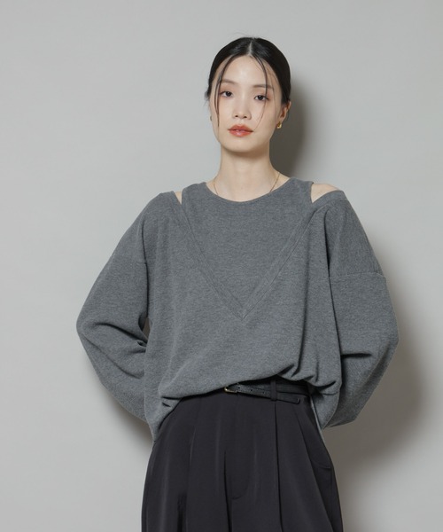 NANO universe（ナノユニバース）の「フェイクレイヤードワッフルカットトップス（Tシャツ/カットソー・レディース・モカ/ダークネイビー/グレー・FREE）」の2枚目の写真