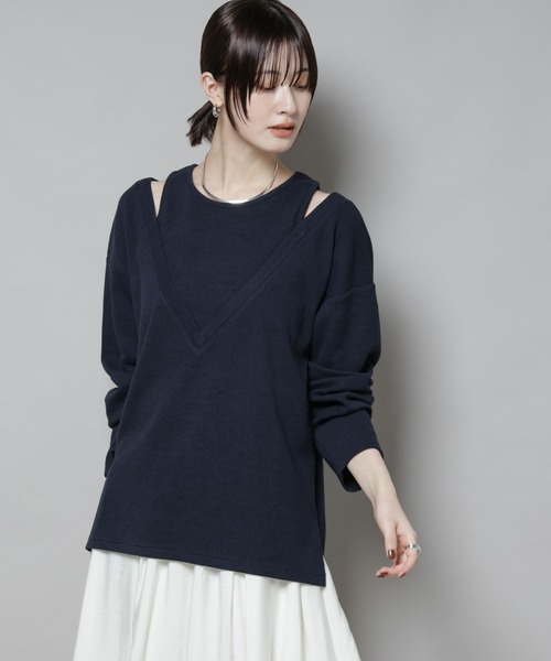 NANO universe（ナノユニバース）の「フェイクレイヤードワッフルカットトップス（Tシャツ/カットソー・レディース・モカ/ダークネイビー/グレー・FREE）」の19枚目の写真