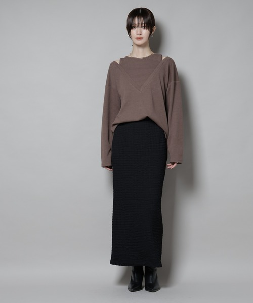 NANO universe（ナノユニバース）の「フェイクレイヤードワッフルカットトップス（Tシャツ/カットソー・レディース・モカ/ダークネイビー/グレー・FREE）」の14枚目の写真