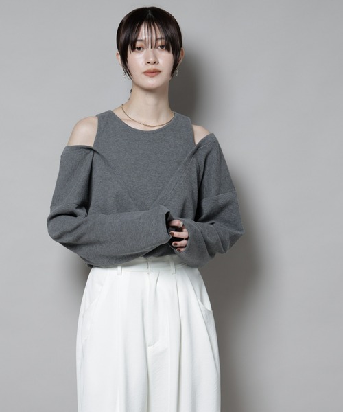 NANO universe（ナノユニバース）の「フェイクレイヤードワッフルカットトップス（Tシャツ/カットソー・レディース・モカ/ダークネイビー/グレー・FREE）」の4枚目の写真