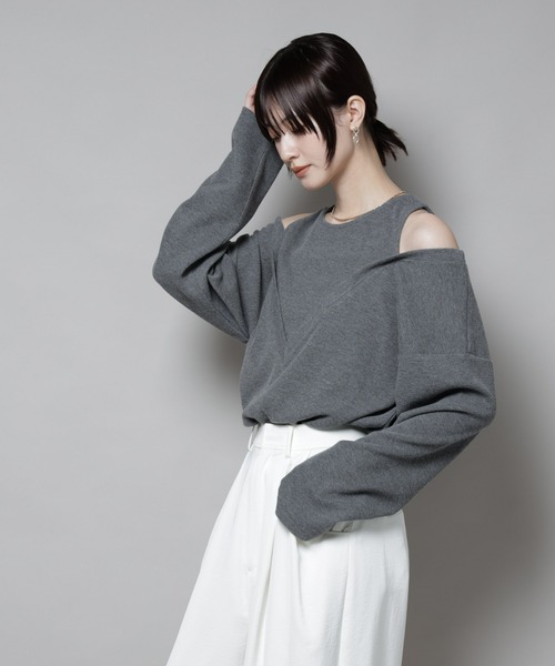 NANO universe（ナノユニバース）の「フェイクレイヤードワッフルカットトップス（Tシャツ/カットソー・レディース・モカ/ダークネイビー/グレー・FREE）」の5枚目の写真