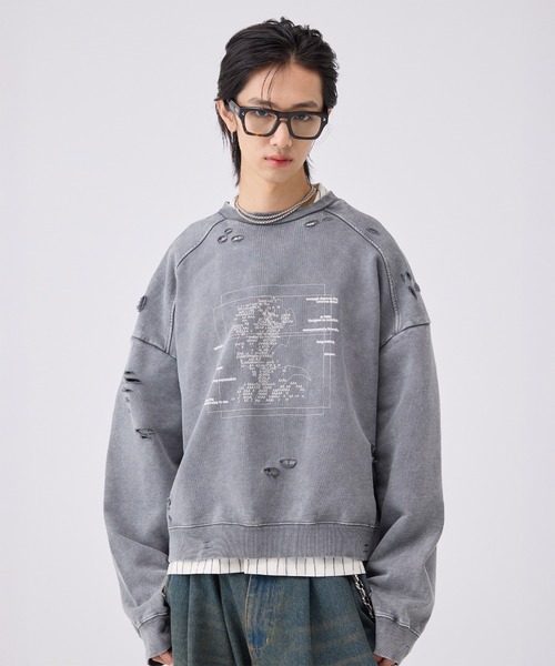 soerte（ソエルテ）の「4-pattern Graphic Distressed Sweat/グラフィックダメージスウェット（スウェット・メンズ・グレー系その他/ブラック/ブラック系その他/チャコールグレー・1/2/3）」の3枚目の写真