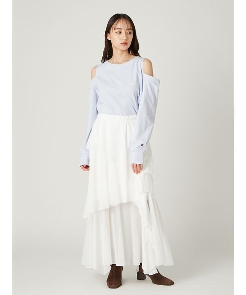 FRAY I.D（フレイアイディー）の「【Champion】オフショルロングTシャツ（Tシャツ/カットソー・レディース・ブラウン/ライトブルー/ホワイト・F）」の14枚目の写真