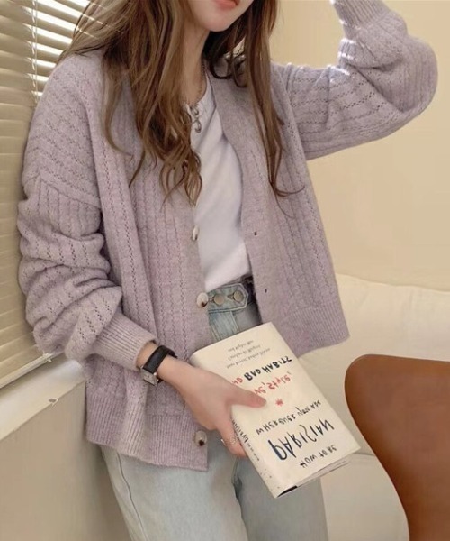 cammie(キャミー)の「透かし編み模様ニットカーディガン(カーディガン/ボレロ・レディース・グリーン/イエロー/ラベンダー/アイボリー・F)」の3枚目の写真