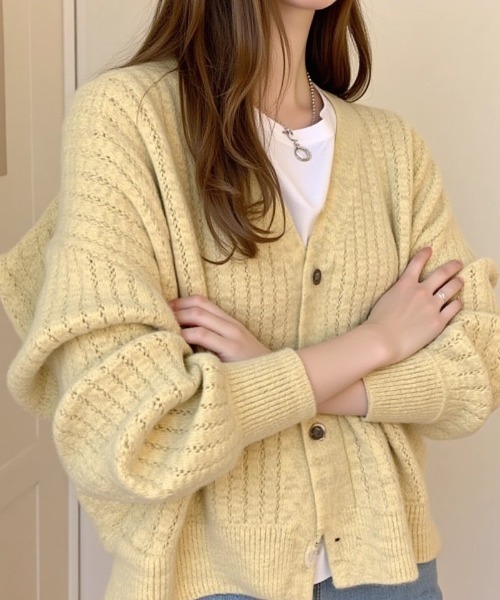 cammie(キャミー)の「透かし編み模様ニットカーディガン(カーディガン/ボレロ・レディース・グリーン/イエロー/ラベンダー/アイボリー・F)」の8枚目の写真