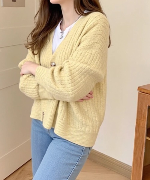 cammie(キャミー)の「透かし編み模様ニットカーディガン(カーディガン/ボレロ・レディース・グリーン/イエロー/ラベンダー/アイボリー・F)」の9枚目の写真