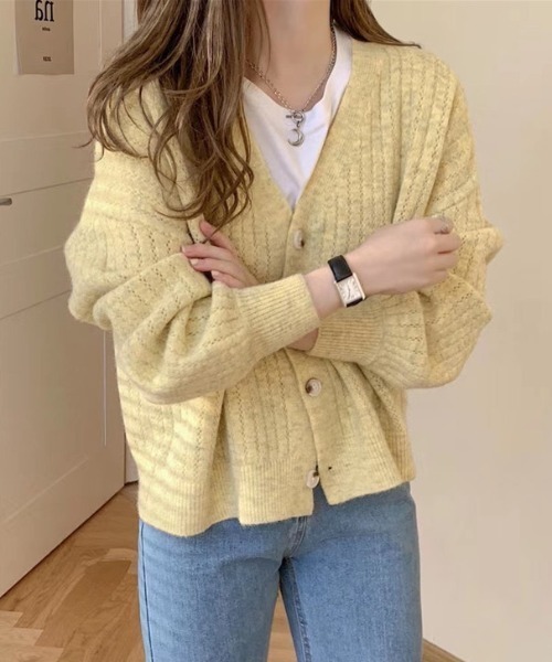 cammie(キャミー)の「透かし編み模様ニットカーディガン(カーディガン/ボレロ・レディース・グリーン/イエロー/ラベンダー/アイボリー・F)」の7枚目の写真