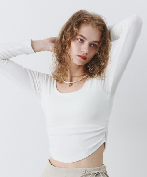 スクエアネックサイドギャザーカップ付きロンT（Tシャツ/カットソー