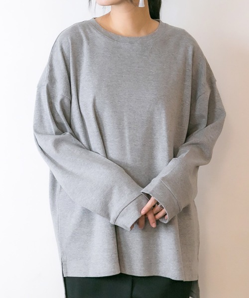 MARAI(マーライ)の「オーバーサイズロングTシャツ(Tシャツ/カットソー・レディース・杢グレー/チャコールグレー/ブラック/グレー/ホワイト・LL~3L/M~L/4L~5L)」の5枚目の写真