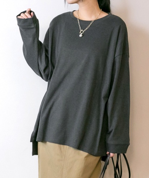 MARAI(マーライ)の「オーバーサイズロングTシャツ(Tシャツ/カットソー・レディース・杢グレー/チャコールグレー/ブラック/グレー/ホワイト・LL~3L/M~L/4L~5L)」の3枚目の写真