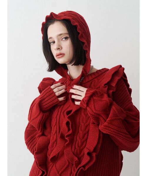 jouetie（ジュエティ）の「フリルケーブルバラクラバ　ニットフード　ニットキャップ（ニットキャップ/ビーニー・レディース・アイボリー/ブラック/レッド・FREE）」の4枚目の写真