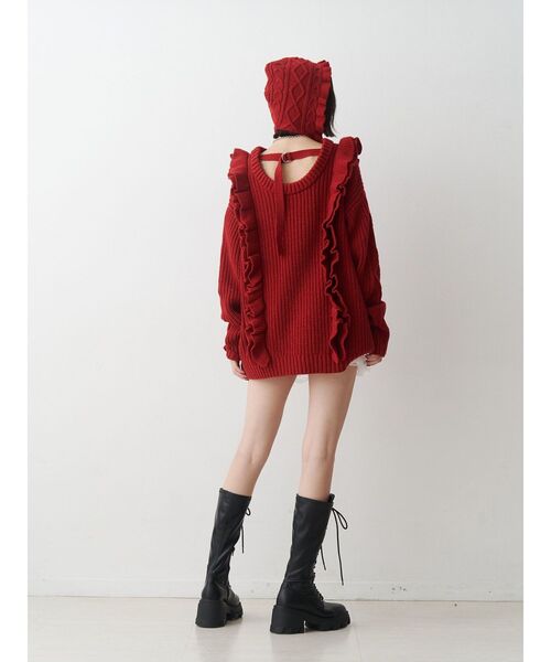 jouetie（ジュエティ）の「フリルケーブルバラクラバ　ニットフード　ニットキャップ（ニットキャップ/ビーニー・レディース・アイボリー/ブラック/レッド・FREE）」の6枚目の写真