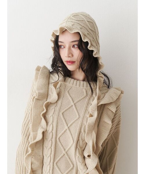 jouetie（ジュエティ）の「フリルケーブルバラクラバ　ニットフード　ニットキャップ（ニットキャップ/ビーニー・レディース・アイボリー/ブラック/レッド・FREE）」の7枚目の写真