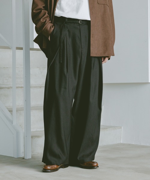セール】ツータック/ベルト付きワイドスラックス（スラックス