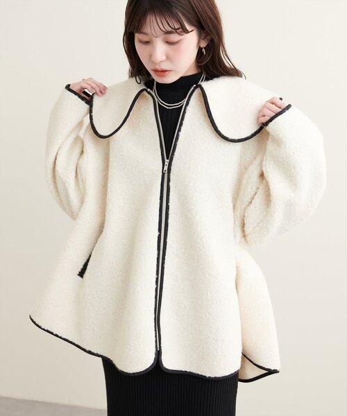 natural couture（ナチュラルクチュール）の「【WEB限定】ビッグ衿ループブークレショート丈コート（その他アウター・レディース・ブラック/オフホワイト/ベージュ・FREE）」の5枚目の写真