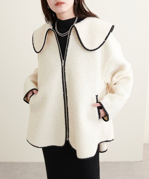 natural couture（ナチュラルクチュール）の「【WEB限定】ビッグ衿ループブークレショート丈コート（その他アウター・レディース・ブラック/オフホワイト/ベージュ・FREE）」の4枚目の写真