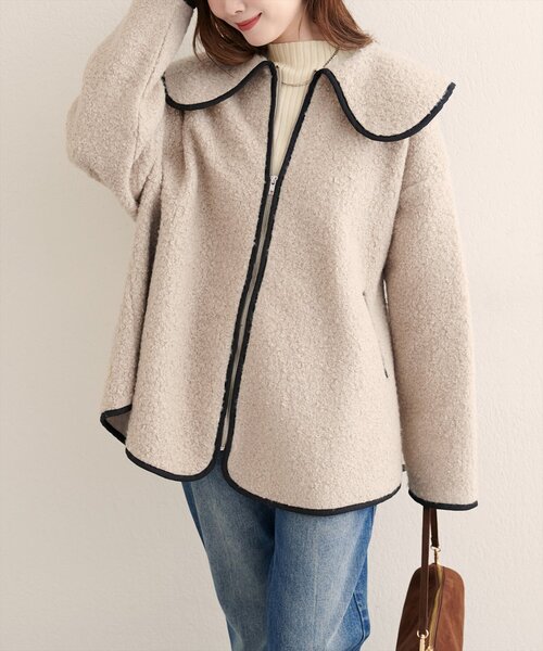 natural couture（ナチュラルクチュール）の「【WEB限定】ビッグ衿ループブークレショート丈コート（その他アウター・レディース・ブラック/オフホワイト/ベージュ・FREE）」の14枚目の写真