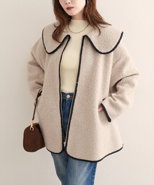 natural couture（ナチュラルクチュール）の「【WEB限定】ビッグ衿ループブークレショート丈コート（その他アウター・レディース・ブラック/オフホワイト/ベージュ・FREE）」の15枚目の写真