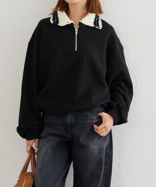 U by SPICK&SPAN(ユーバイスピックアンドスパン)の「KIJUN/キジュン Crochet Collar Half Zip-Up Pullover(スウェット・レディース・ブラック/アイボリー・FREE)」の2枚目の写真