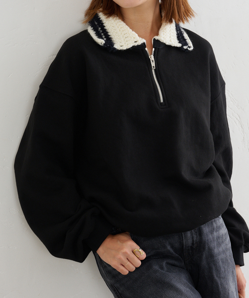 U by SPICK&SPAN(ユーバイスピックアンドスパン)の「KIJUN/キジュン Crochet Collar Half Zip-Up Pullover(スウェット・レディース・ブラック/アイボリー・FREE)」の9枚目の写真