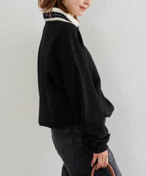 U by SPICK&SPAN(ユーバイスピックアンドスパン)の「KIJUN/キジュン Crochet Collar Half Zip-Up Pullover(スウェット・レディース・ブラック/アイボリー・FREE)」の8枚目の写真