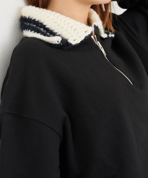 U by SPICK&SPAN(ユーバイスピックアンドスパン)の「KIJUN/キジュン Crochet Collar Half Zip-Up Pullover(スウェット・レディース・ブラック/アイボリー・FREE)」の6枚目の写真
