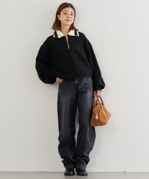 U by SPICK&SPAN(ユーバイスピックアンドスパン)の「KIJUN/キジュン Crochet Collar Half Zip-Up Pullover(スウェット・レディース・ブラック/アイボリー・FREE)」の4枚目の写真