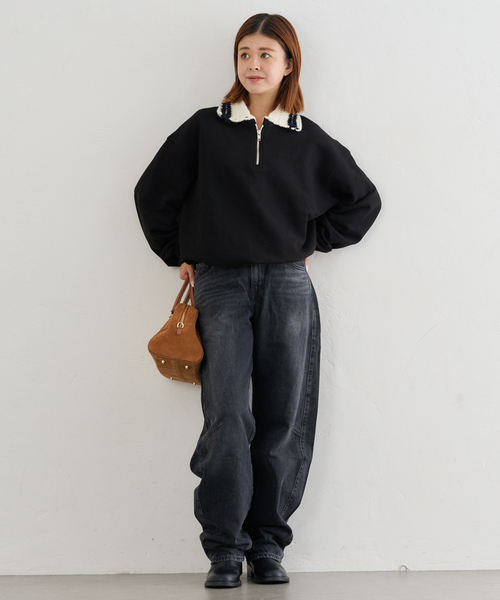 U by SPICK&SPAN(ユーバイスピックアンドスパン)の「KIJUN/キジュン Crochet Collar Half Zip-Up Pullover(スウェット・レディース・ブラック/アイボリー・FREE)」の3枚目の写真