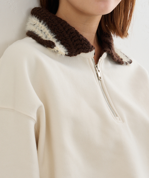 U by SPICK&SPAN(ユーバイスピックアンドスパン)の「KIJUN/キジュン Crochet Collar Half Zip-Up Pullover(スウェット・レディース・ブラック/アイボリー・FREE)」の21枚目の写真