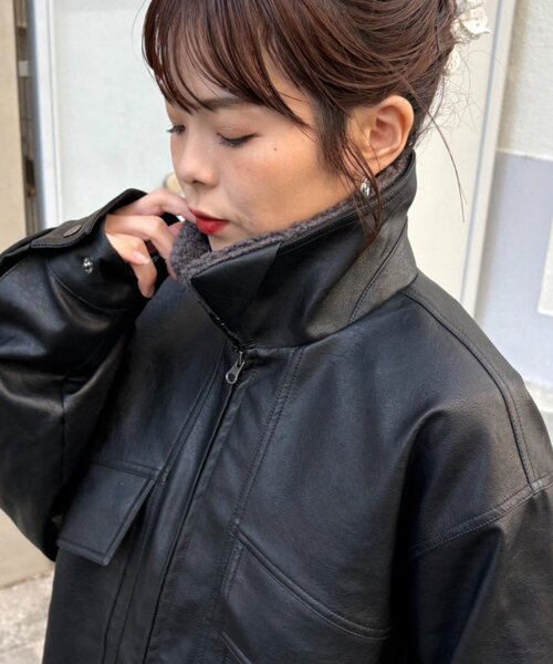 CIAOPANIC TYPY(チャオパニックティピー)の「【ユニセックス】3WAY襟ボア取り外し可能/合皮/レザージップアップブルゾン(ライダースジャケット・メンズ・ブラック/カーキ・MEDIUM/LARGE)」の6枚目の写真