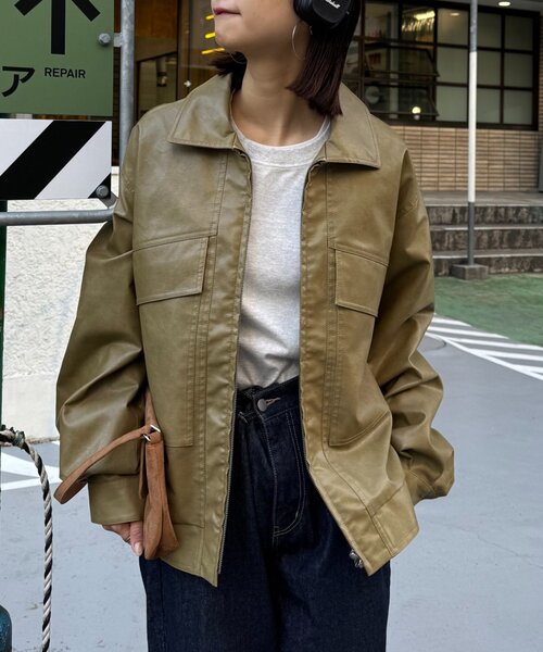 CIAOPANIC TYPY(チャオパニックティピー)の「【ユニセックス】3WAY襟ボア取り外し可能/合皮/レザージップアップブルゾン(ライダースジャケット・メンズ・ブラック/カーキ・MEDIUM/LARGE)」の8枚目の写真