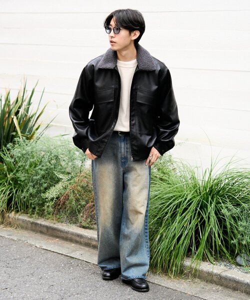 ユニセックス】3WAY襟ボア取り外し可能/合皮/レザージップアップ