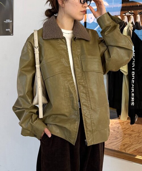 ユニセックス】3WAY襟ボア取り外し可能/合皮/レザージップアップ