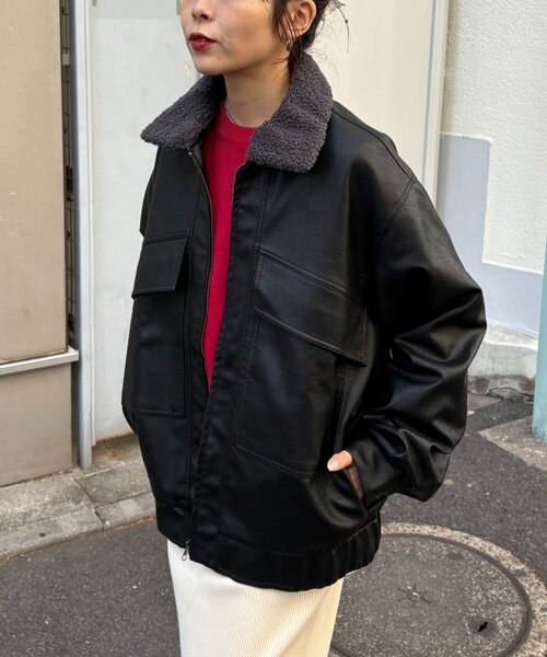 セール】【ユニセックス】3WAY襟ボア取り外し可能/合皮/レザージップ