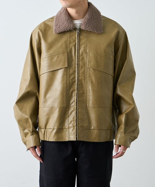 ユニセックス】3WAY襟ボア取り外し可能/合皮/レザージップアップ