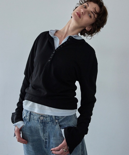 VION(ヴィオン)の「ヘンリーネックシアーロングスリーブティー / HenleyNeck Sheer Long Sleeve TEE(Tシャツ/カットソー・レディース・ホワイト/ブルー/ブラック・FREE)」の1枚目の写真