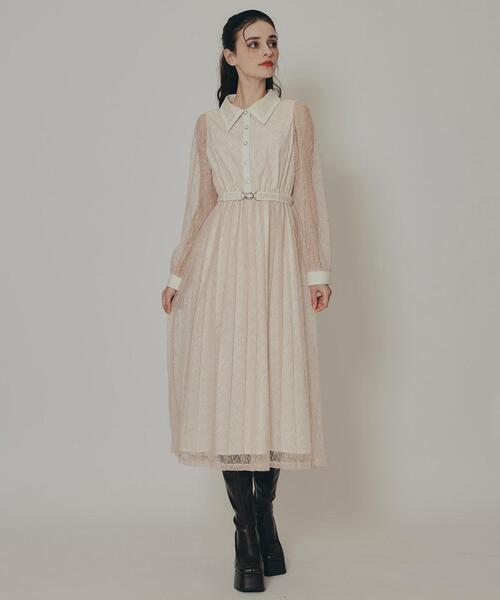 セール】バイカラーレースプリーツロングスリーブワンピース