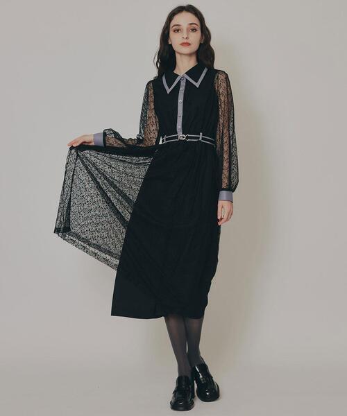 セール】バイカラーレースプリーツロングスリーブワンピース