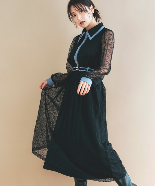 セール】バイカラーレースプリーツロングスリーブワンピース