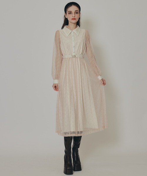 セール】バイカラーレースプリーツロングスリーブワンピース