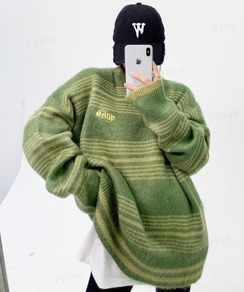 Dalfwin（ダールフィン）の「韓国ファッション Maoeマルチボーダー柄モヘアニット（ニット/セーター・レディース・ブラック/グリーン・FREE）」の15枚目の写真