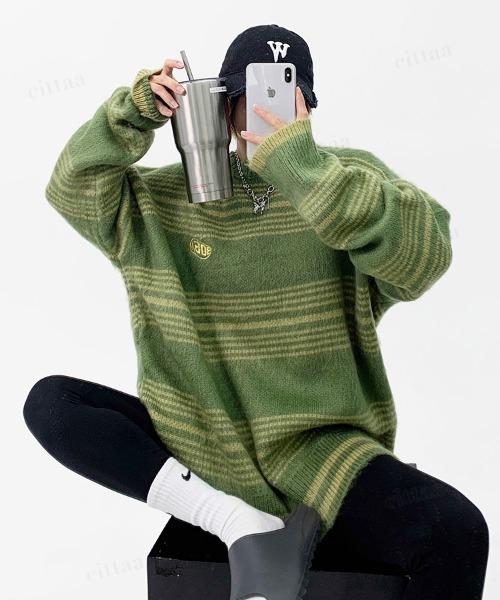 Dalfwin（ダールフィン）の「韓国ファッション Maoeマルチボーダー柄モヘアニット（ニット/セーター・レディース・ブラック/グリーン・FREE）」の16枚目の写真