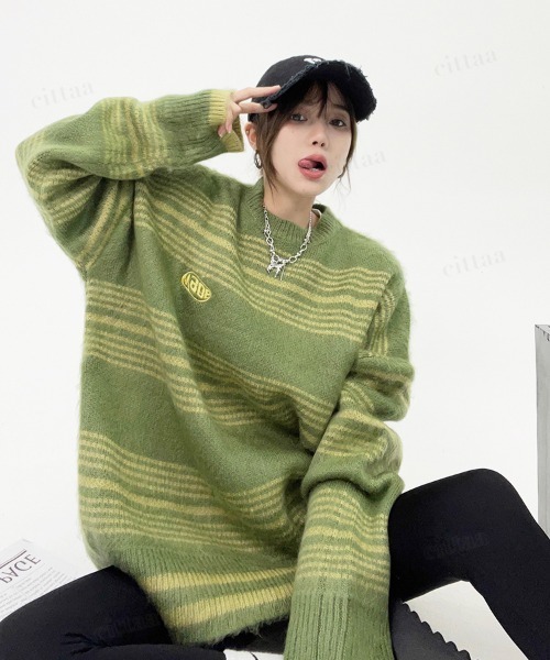 Dalfwin（ダールフィン）の「韓国ファッション Maoeマルチボーダー柄モヘアニット（ニット/セーター・レディース・ブラック/グリーン・FREE）」の17枚目の写真