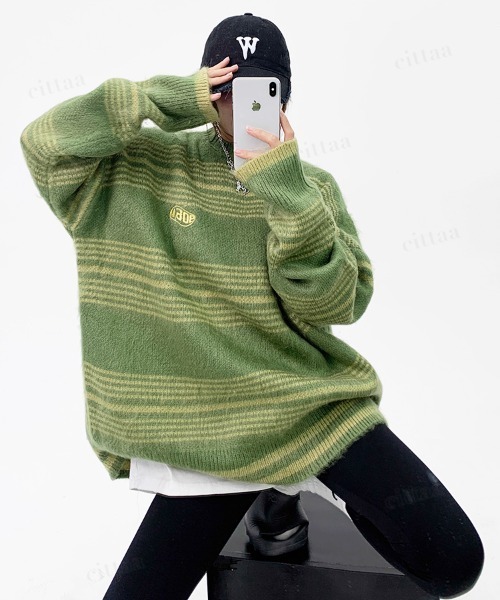 Dalfwin（ダールフィン）の「韓国ファッション Maoeマルチボーダー柄モヘアニット（ニット/セーター・レディース・ブラック/グリーン・FREE）」の18枚目の写真