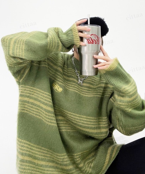 Dalfwin（ダールフィン）の「韓国ファッション Maoeマルチボーダー柄モヘアニット（ニット/セーター・レディース・ブラック/グリーン・FREE）」の19枚目の写真